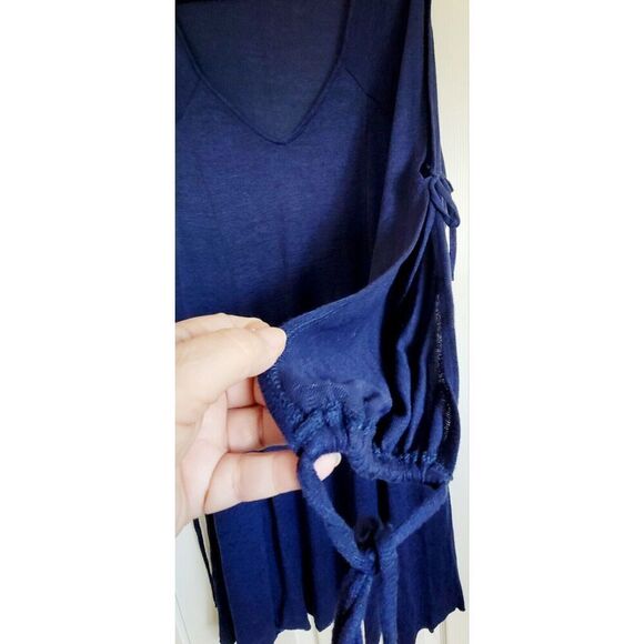 Torrid 1 Sweater Dress V-Neck Cold‎ Shoulder Tie L/S Blue 1X A-Line Elastic Wrst - Picture 5 of 8